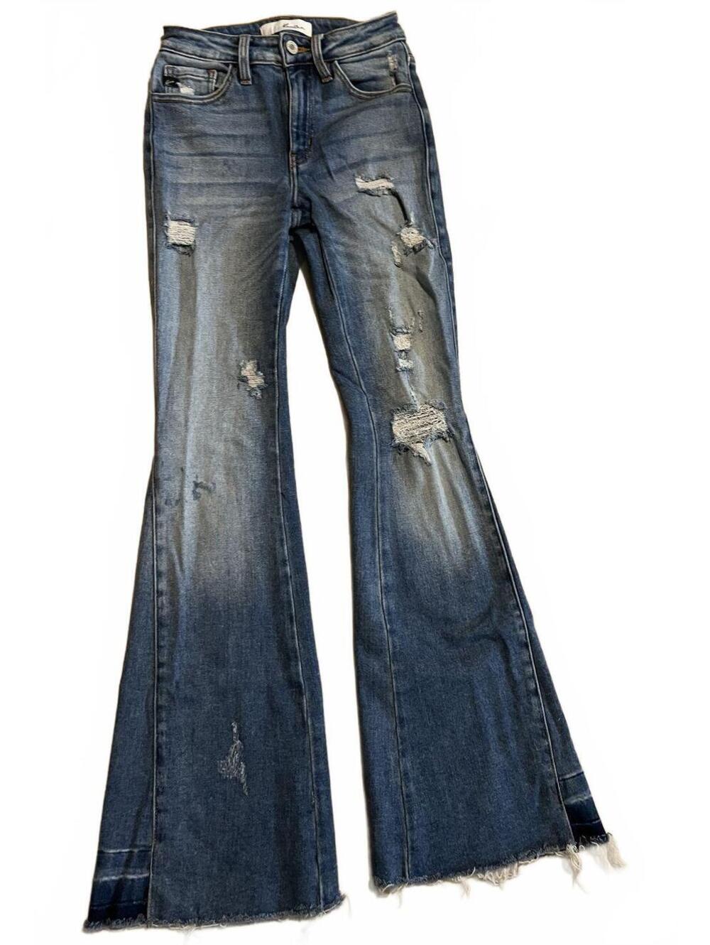 Light wash distressed flare jeans